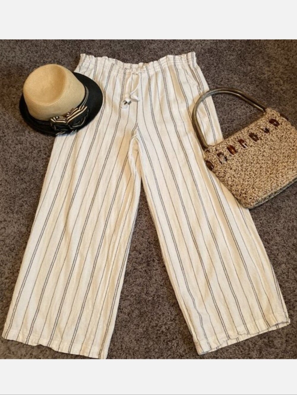 Time & Tru Linen Blend Wide Leg Drawstring Pant Women's Large White Black Stripe